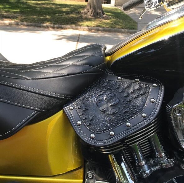 Indian heat shield with black alligator embossed leather