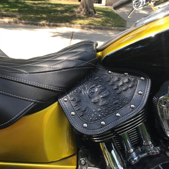Indian heat shield with black alligator embossed leather