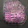 A purple leather purse with a picture of an alligator.