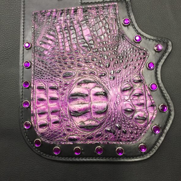 Harley heat shield with purple alligator embossed leather and crystals