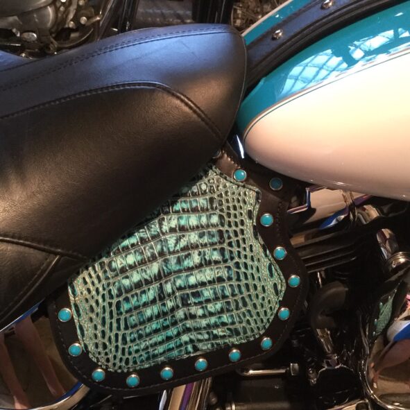 Harley-Davidson heat shield with turquoise alligator embossed leather