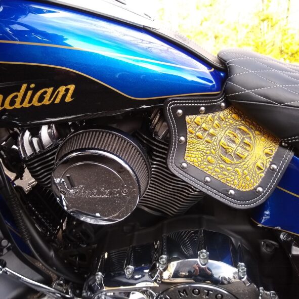 Indian heat shield with yellow alligator embossed leather