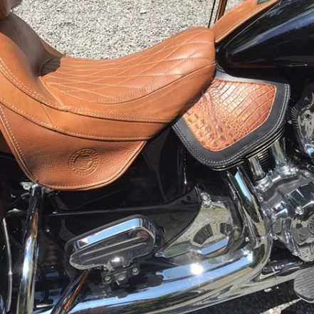 Tan Indian heat shield with brown alligator embossed leather