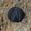 A black button with two feathers on it.