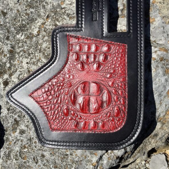 Indian heat shield with burgundy alligator embossed leather