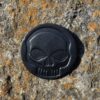 A black skull on the side of a rock.