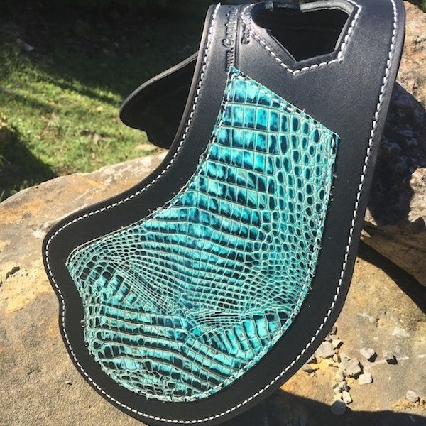 Crotch cooler with turquoise alligator embossed leather