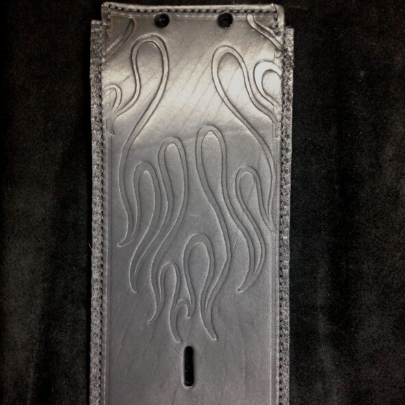 A silver case with flames on it