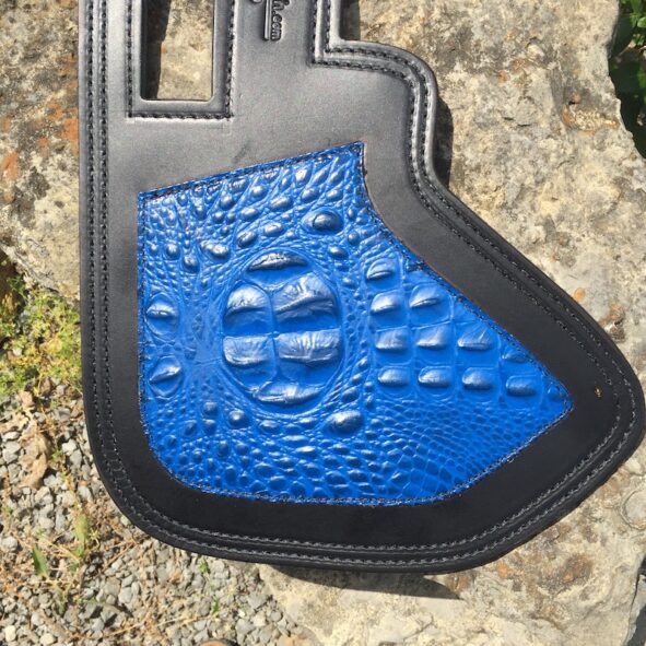 Indian heat shield with blue alligator embossed leather