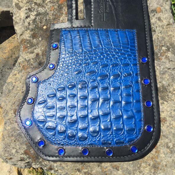 Harley-Davidson heat shield with blue alligator embossed leather