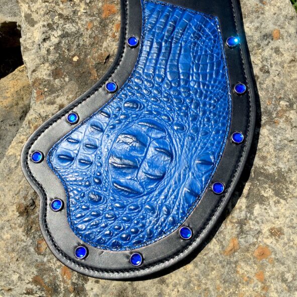 Indian Scout heat shield with blue alligator embossed leather