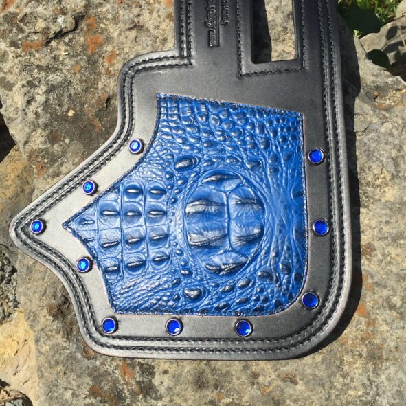 Indian heat shield with blue alligator embossed leather