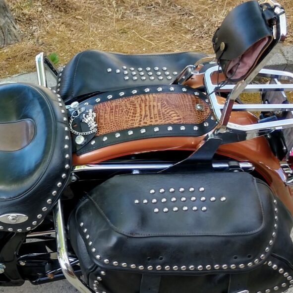 Fender Bibs with brown alligator embossed leather