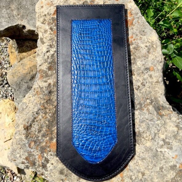 HD fender bib with blue alligator embossed leather
