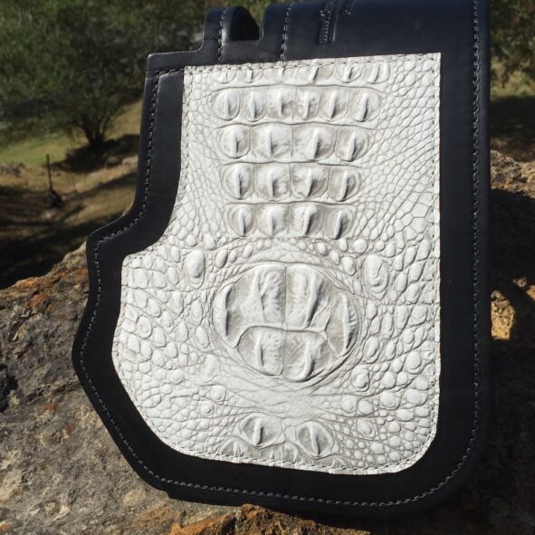 Harley-Davidson heat shield with antique white alligator embossed overlay from Captain Itch
