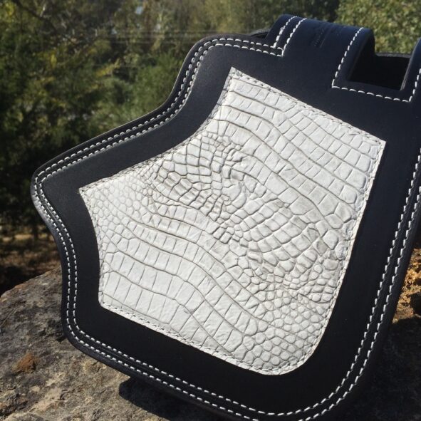Indian heat shield with antique white alligator embossed leather overlay from Captain Itch