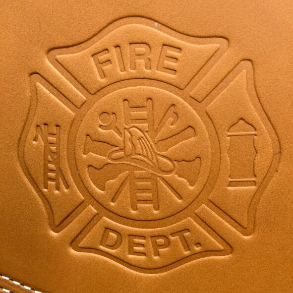 Indian heat shield with firefighter emblem embossing