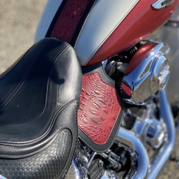 Harley-Davidson heat shield with red alligator embossed leather
