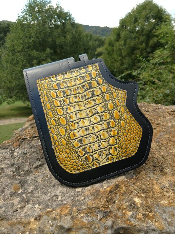 Harley heat shield with yellow alligator embossed leather
