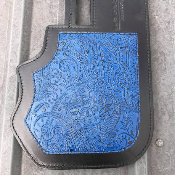 Harley Davidson heat shield with blue Leather and Lace overlay from Captain Itch