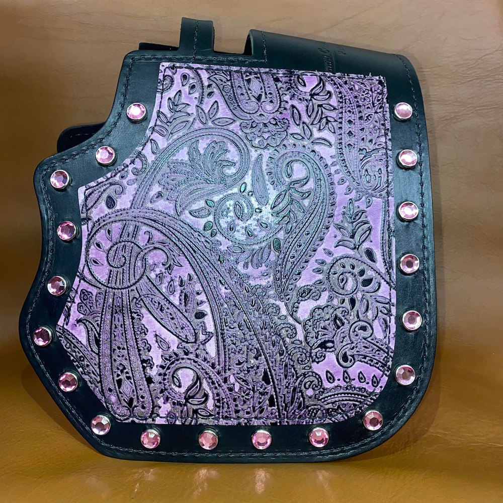 Harley heat shield with lilac leather and lace overlay and optional crystals