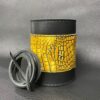 A yellow and black leather wrapped container with a metal lid.