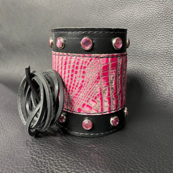 Fork wraps with pink gems and alligator embossed leather