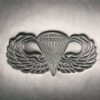 A silver badge with wings and a parachute.