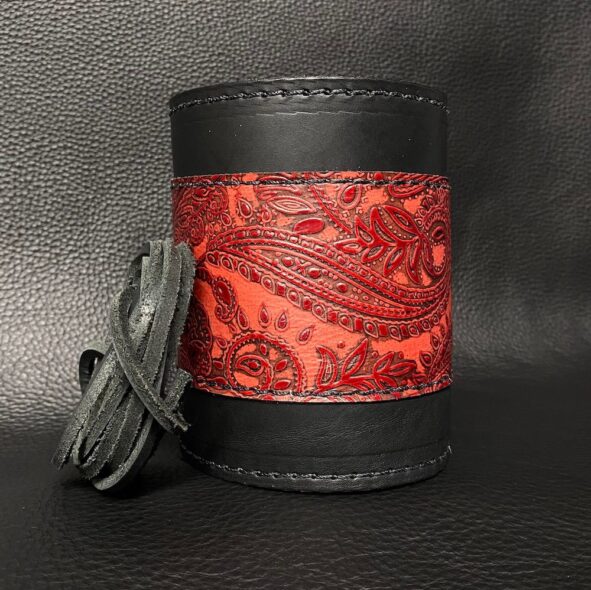 Motorcycle fork wraps with red Leather and Lace overlay