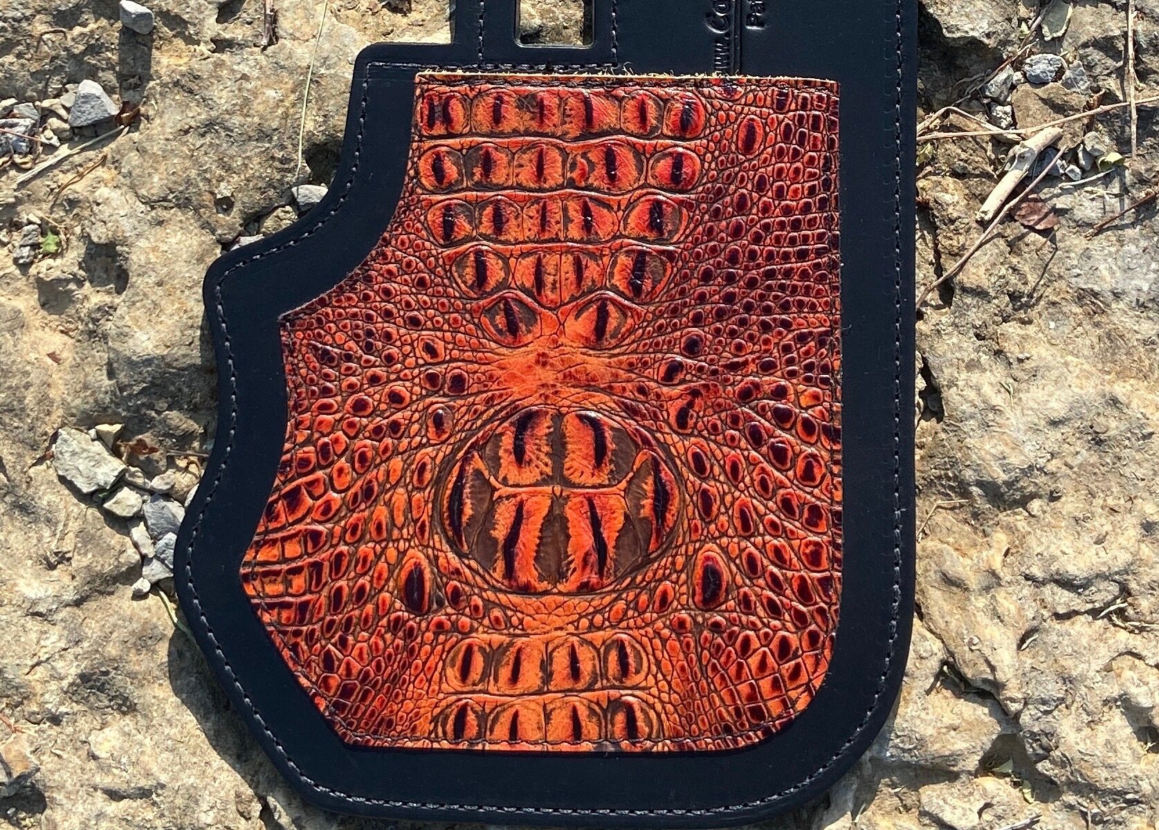 Harley Davidson heat shield with orange glow alligator embossed leather
