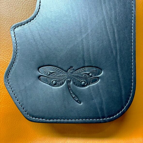 Harley heat protector with dragonfly embossing